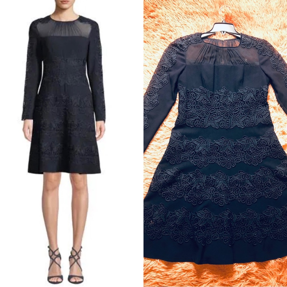 NWOT ELIE TAHARI Cora Shirred Jewel-Neck Long-Sleeve A-Line Crepe Dress. Size 4